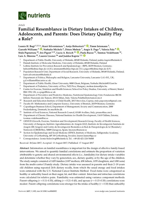 Familial resemblance in dietary intakes of children, adolescents, and parents: Does dietary quality play a role?