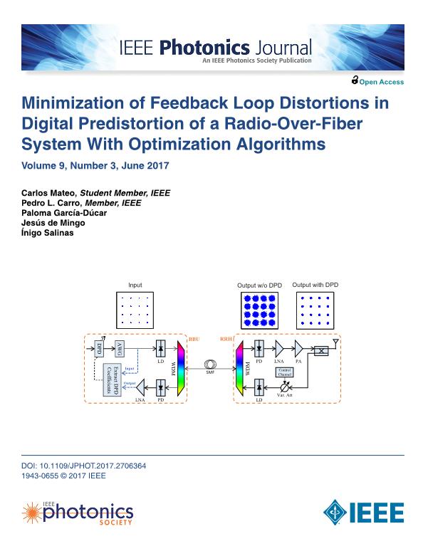 Minimization of Feedback Loop Distortions in Digital Predistortion of a Radio-Over-Fiber System with Optimization Algorithms