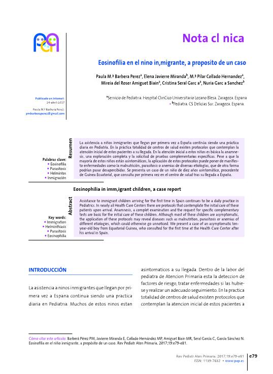 Eosinofilia en el niño inmigrante, a propósito de un caso