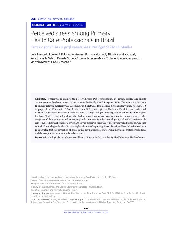 Perceived stress among primary health care professionals in Brazil [Estresse percebido em profissionais da estratégia saúde da família]
