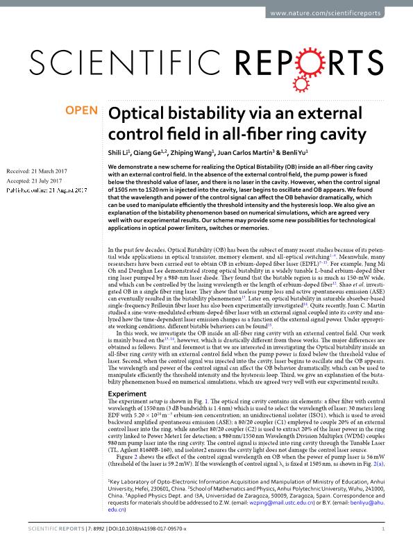 Optical bistability via an external control field in all-fiber ring cavity