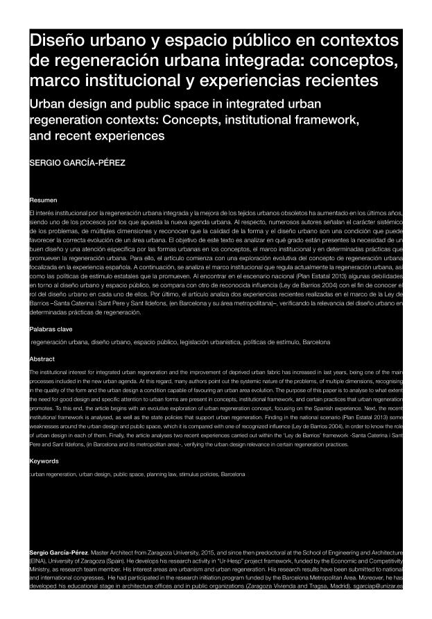 Diseño urbano y espacio público en contextos de regeneración urbana integrada: conceptos, marco institucional y experiencias recientes | Urban design and public space in integrated urban regeneration contexts: Concepts, institutional framework, and recent experiences