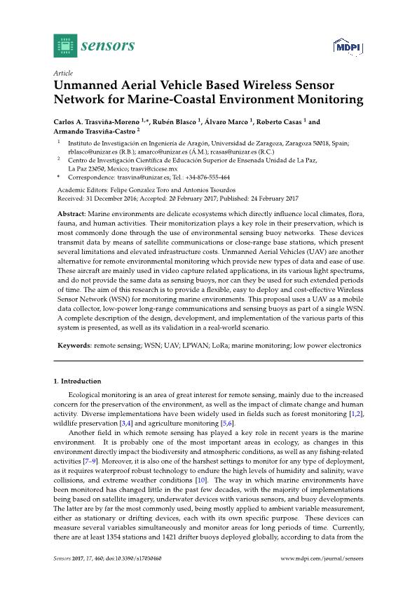 Unmanned aerial vehicle based wireless sensor network for marine-coastal environment monitoring