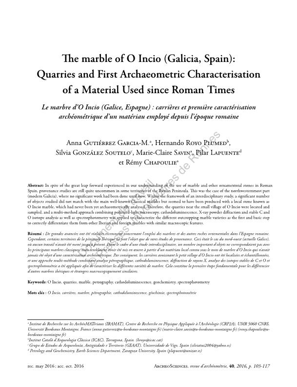 The marble of O Incio (Galicia, Spain): Quarries and first archaeometric characterization of material used since Roman times