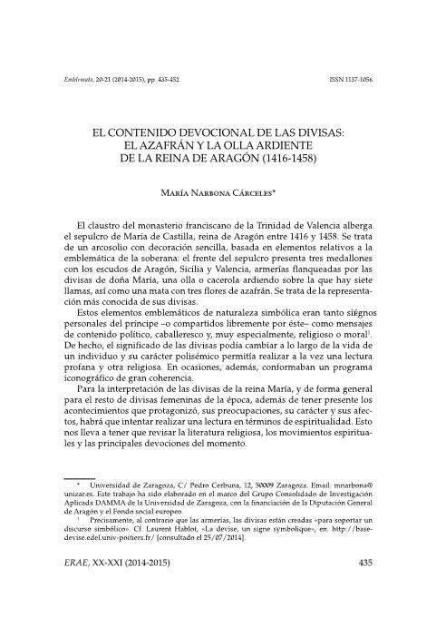 El contenido devocional de las divisas: el azafrán y la olla ardiente de la reina de Aragón (1416-1458)