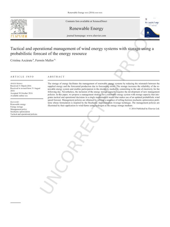 Tactical and operational management of wind energy systems with storage using a probabilistic forecast of the energy resource