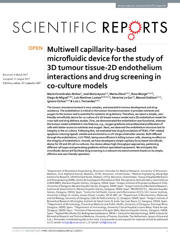 Multiwell capillarity-based microfluidic device for the study of 3D tumour tissue-2D endothelium interactions and drug screening in co-culture models