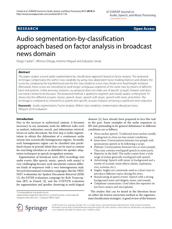 Audio segmentation-by-classification approach based on factor analysis in broadcast news domain