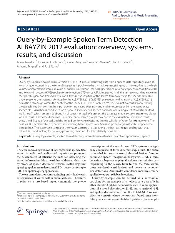 Query-by-example spoken term detection ALBAYZIN 2012 evaluation: Overview, systems, results, and discussion