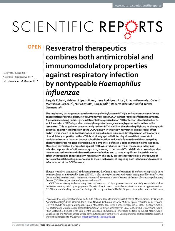 Resveratrol therapeutics combines both antimicrobial and immunomodulatory properties against respiratory infection by nontypeable Haemophilus influenzae