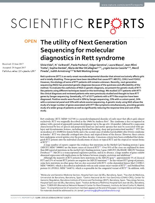 The utility of Next Generation Sequencing for molecular diagnostics in Rett syndrome