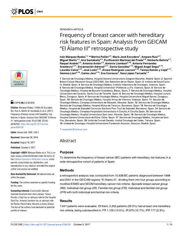 Frequency of breast cancer with hereditary risk features in Spain: Analysis from GEICAM “El Álamo III” retrospective study