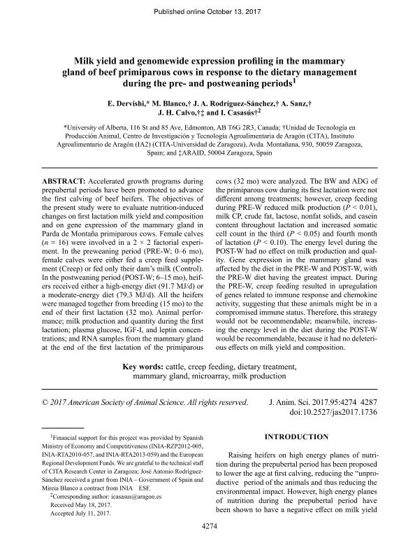 Milk yield and genomewide expression profiling in the mammary gland of beef primiparous cows in response to the dietary management during the pre- and postweaning periods