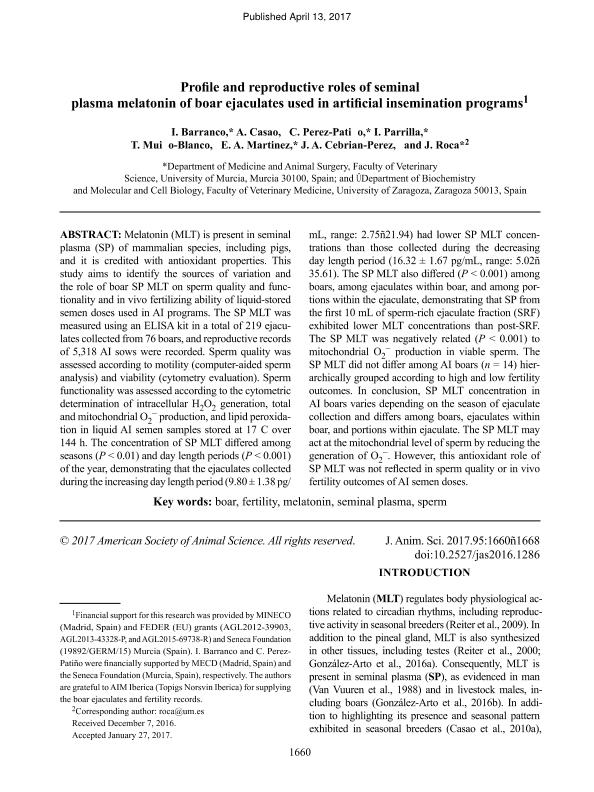 Profile and reproductive roles of seminal plasma melatonin of boar ejaculates used in artificial insemination programs