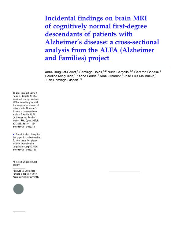 Incidental findings on brain MRI of cognitively normal first-degree descendants of patients with Alzheimer's disease: A cross-sectional analysis from the ALFA (Alzheimer and Families) project