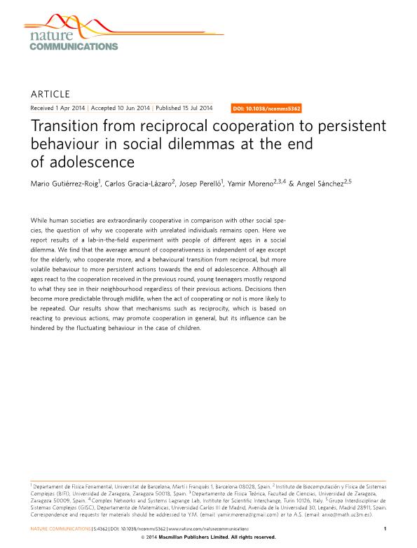 Transition from reciprocal cooperation to persistent behaviour in social dilemmas at the end of adolescence
