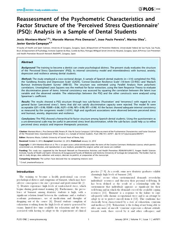 Reassessment of the psychometric characteristics and factor structure of the 'Perceived Stress Questionnaire' (PSQ): Analysis in a sample of dental students