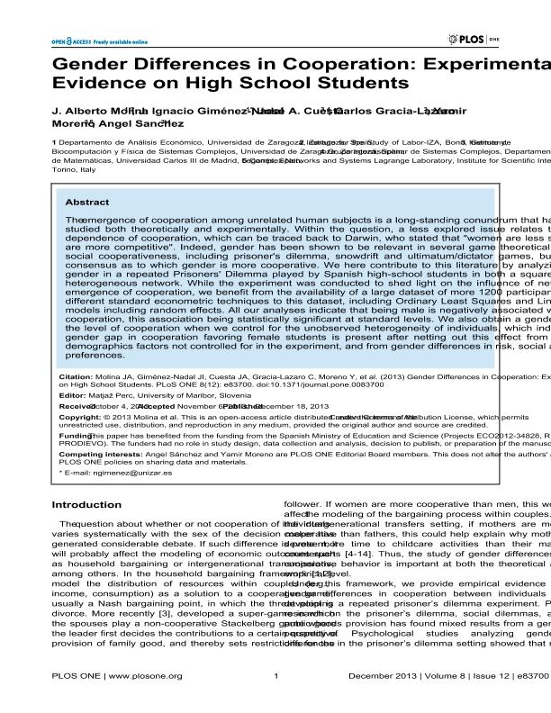 Gender Differences in Cooperation: Experimental Evidence on High School Students