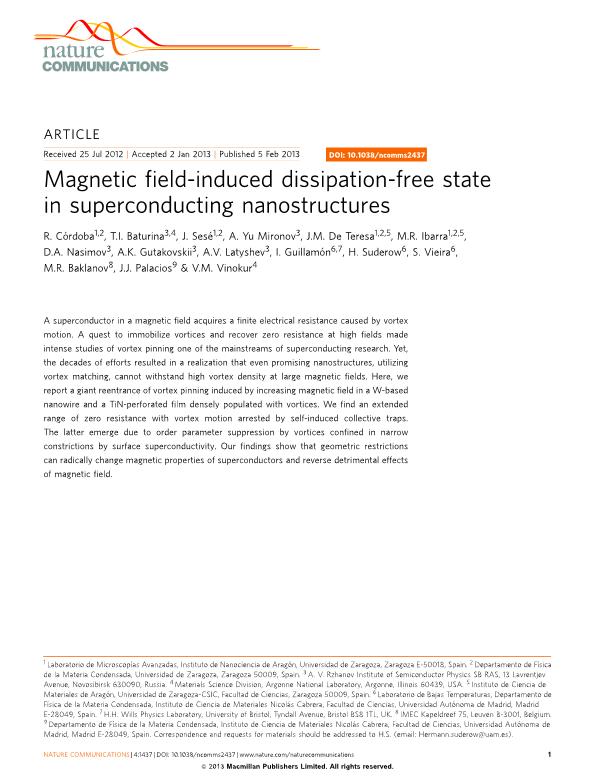 Magnetic field-induced dissipation-free state in superconducting nanostructures