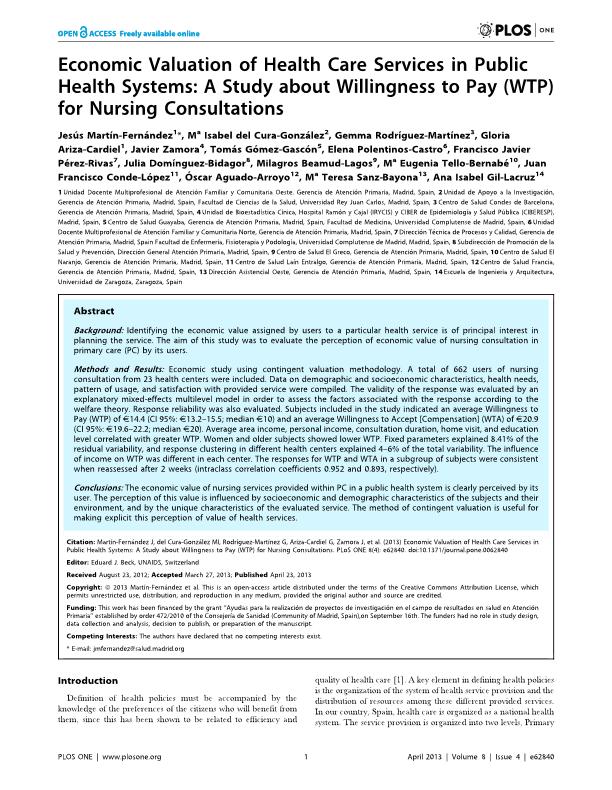 Economic Valuation of Health Care Services in Public Health Systems: A Study about Willingness to Pay (WTP) for Nursing Consultations