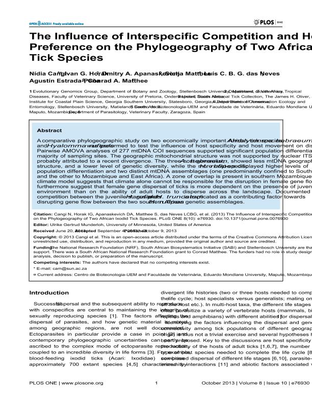 The Influence of Interspecific Competition and Host Preference on the Phylogeography of Two African Ixodid Tick Species