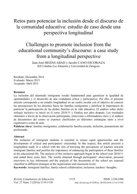 Retos para potenciar la inclusión desde el discurso de la comunidad educativa: estudio de caso desde una perspectiva longitudinal.