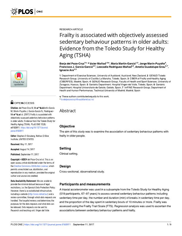 Frailty is associated with objectively assessed sedentary behaviour patterns in older adults: Evidence from the Toledo Study for Healthy Aging (TSHA)