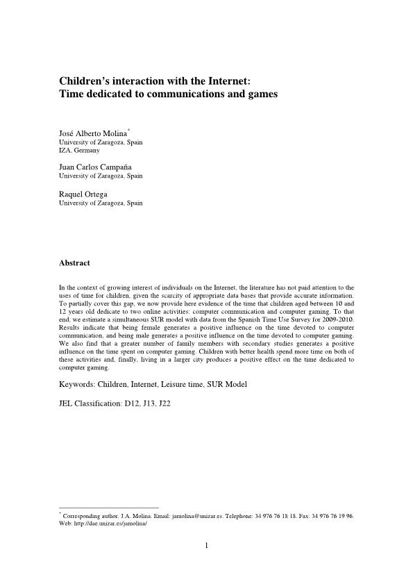 Children’s interaction with the Internet: time dedicated to communications and games