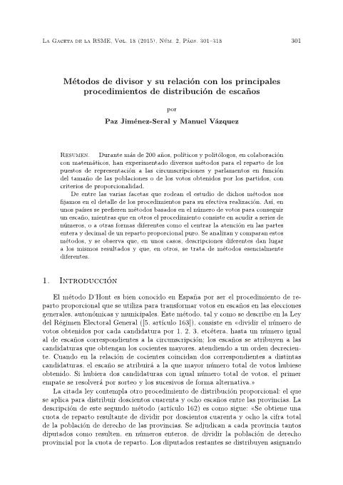 Métodos de divisor y su relación con los principales procedimientos de distribución de escaños
