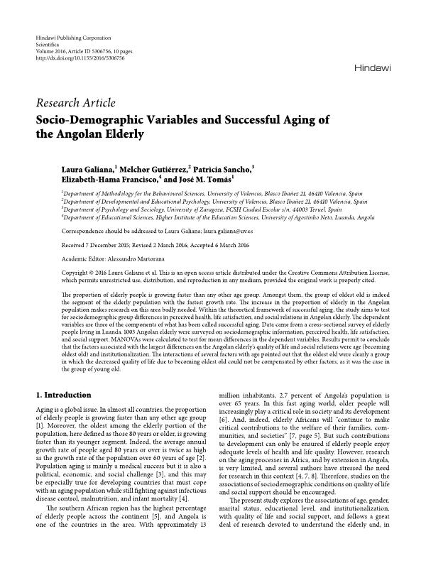 Socio-Demographic Variables and Successful Aging of the Angolan Elderly