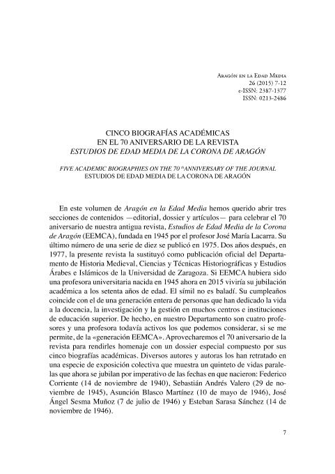 Cinco biografías académicas en el 70 Aniversario de la revista Estudios de Edad Media de la Corona de Aragón.