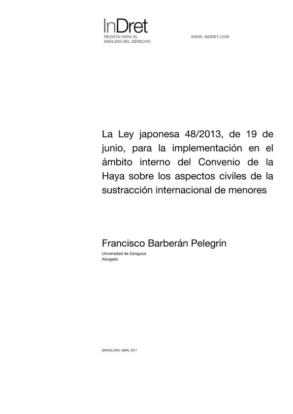 La Ley japonesa 48/2013, de 19 de junio, para la implementación en el ámbito interno del Convenio de la Haya sobre los aspectos civiles de la sustracción internacional de menores