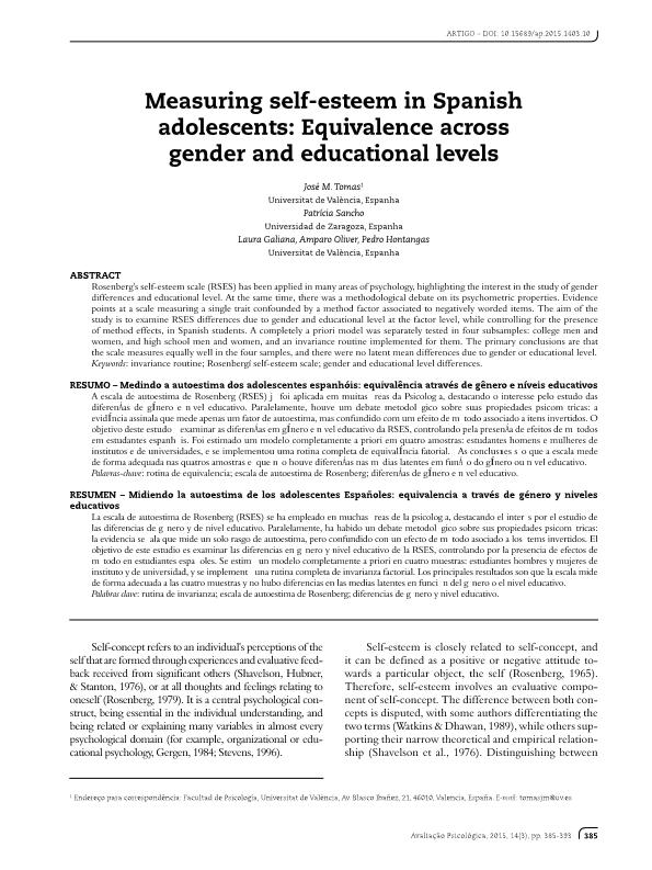 Measuring self-esteem in Spanish adolescents: Equivalence across gender and educational levels