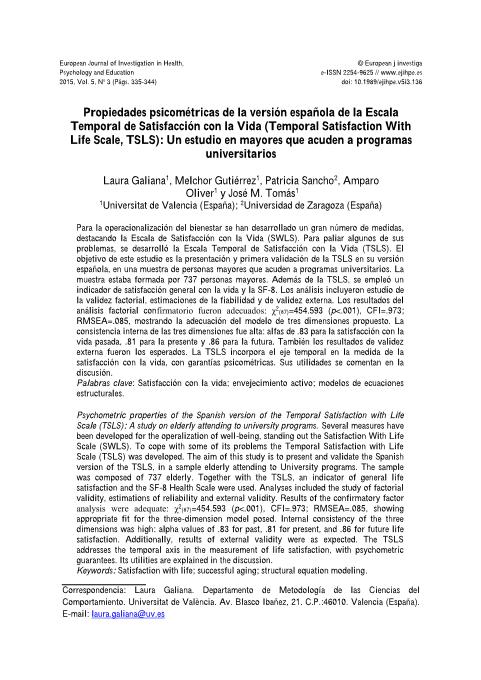 Propiedades psicométricas de la versión española de la Escala Temporal de Satisfacción con la Vida (Temporal Satisfaction With Life Scale, TSLS): Un estudio en mayores que acuden a programas universitarios