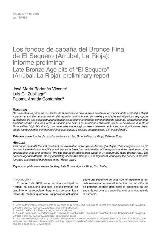 Los fondos de cabaña del Bronce Final de El Sequero (Arrúbal, La Rioja): informe preliminar