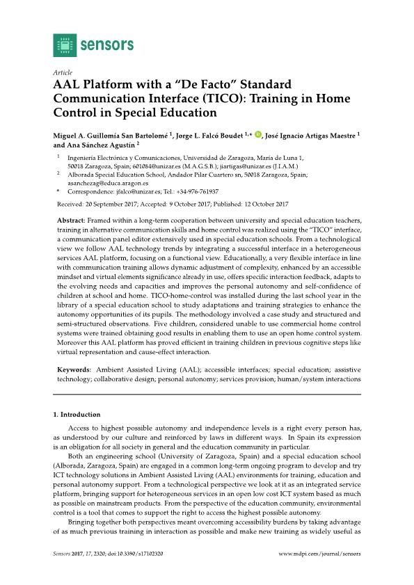 AAL platform with a “de facto” standard communication interface (TICO): Training in home control in special education