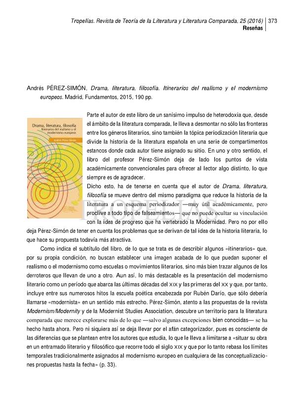 Andrés Pérez-Simon, Drama, literatura, filosofía. Itinerarios del realismo y del modernismo europeos