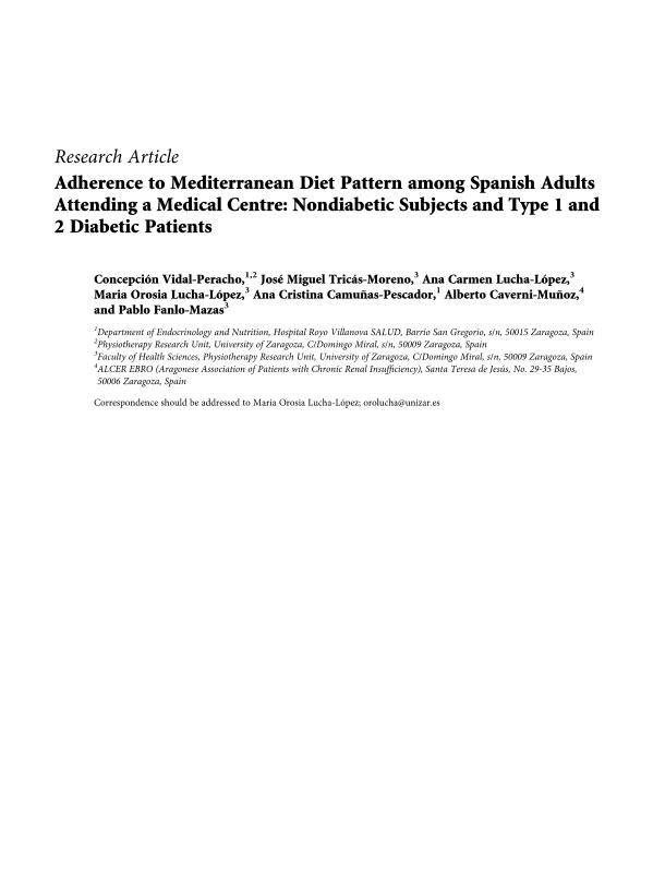 Adherence to Mediterranean Diet Pattern among Spanish Adults Attending a Medical Centre: Nondiabetic Subjects and Type 1 and 2 Diabetic Patients.