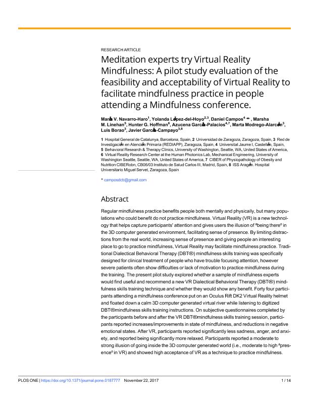 Meditation experts try Virtual Reality Mindfulness: a pilot study evaluation of the feasibility and acceptability of Virtual Reality to facilitate mindfulness practice in people attending a Mindfulness conference