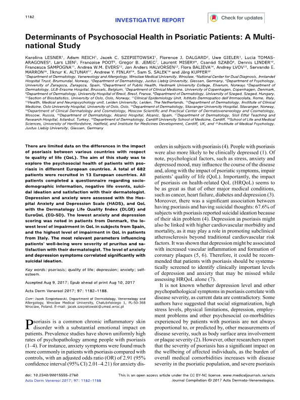 Determinants of psychosocial health in psoriatic patients: A multinational study