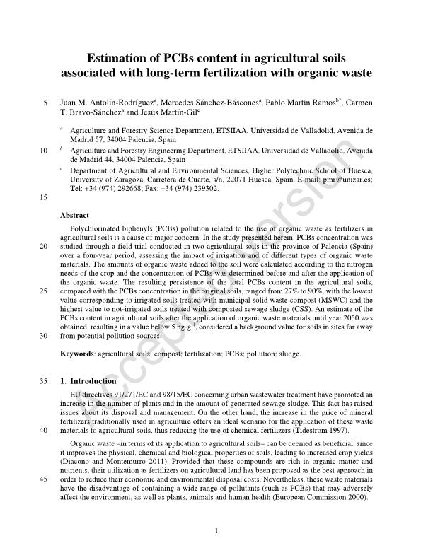 Estimation of PCBs content in agricultural soils associated with long-term fertilization with organic waste