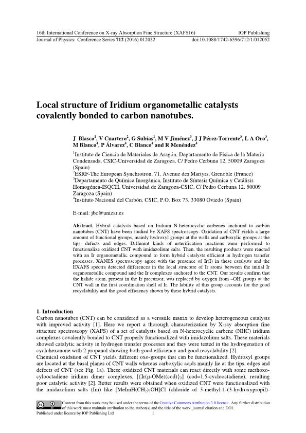 Local structure of Iridium organometallic catalysts covalently bonded to carbon nanotubes