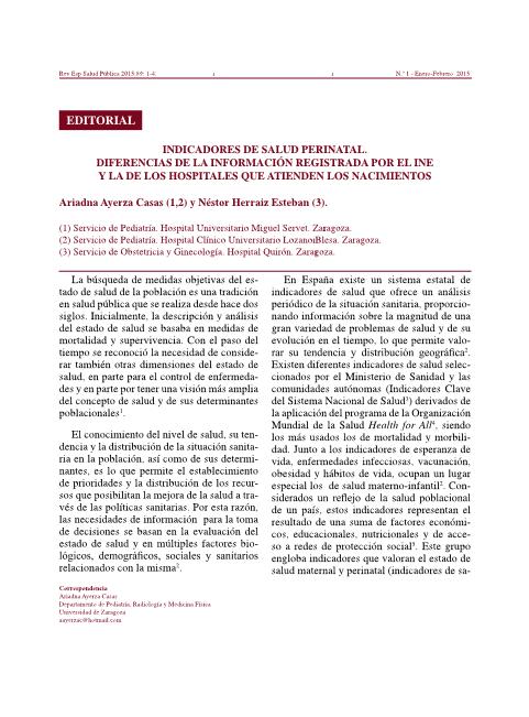 Indicadores de salud perinatal. Diferencias de la información registrada por el INE y la de los hospitales que atienden los nacimientos