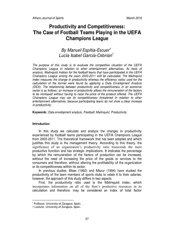 Productivity and competitiveness: the case of football teams playing in the UEFA Champions League