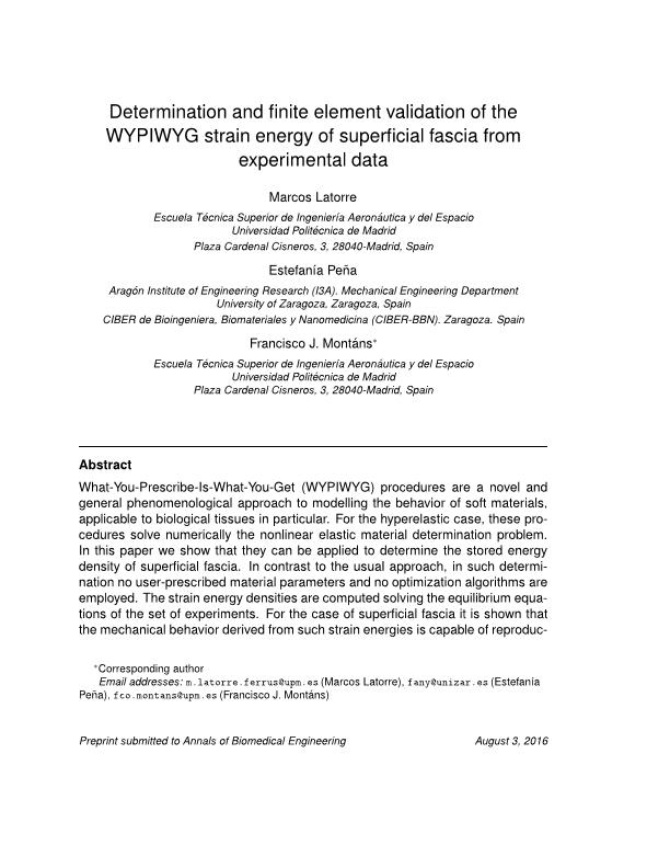 Determination and Finite Element Validation of the WYPIWYG Strain Energy of Superficial Fascia from Experimental Data