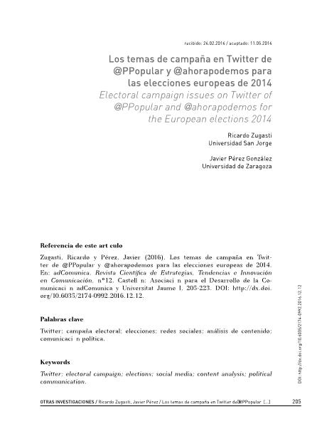Los temas de campaña en Twitter de @PPopular y @ahorapodemos para las elecciones europeas de 2014
