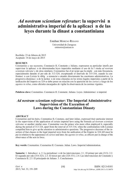 Ad nostram scientiam referatur: la supervisión administrativa imperial de la aplicación de las leyes durante la dinastía constantiniana