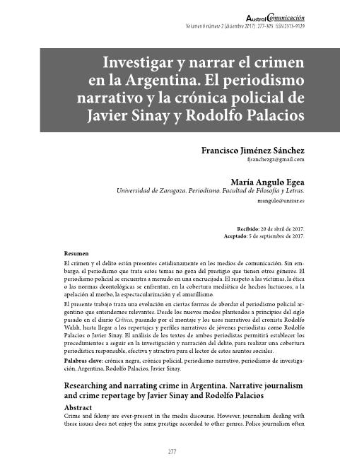 Investigar y narrar el crimen en Argentina. El periodismo narrativo y la crónica policial de Javier Sinay y Rodolfo Palacios