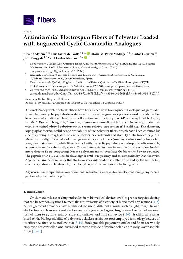Antimicrobial electrospun fibers of polyester loaded with engineered cyclic gramicidin analogues