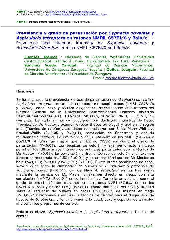 Prevalencia y grado de parasitación por Syphacia obvelata y Aspicularis tetraptera en ratones NMRI, C57Bl/6 y Balb/c.